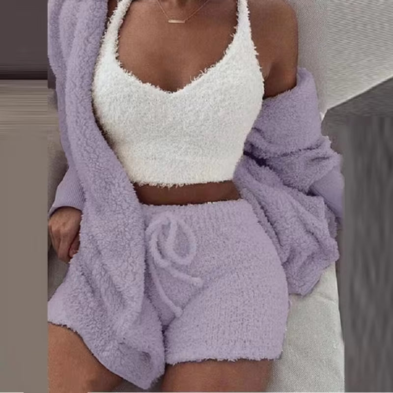 Fluffy Pajamas Set for Women Casual Sleepwear Tank Top and Shorts plus Size Hoodie Leisure Homsuit Winter 3 Pieces Pijamas